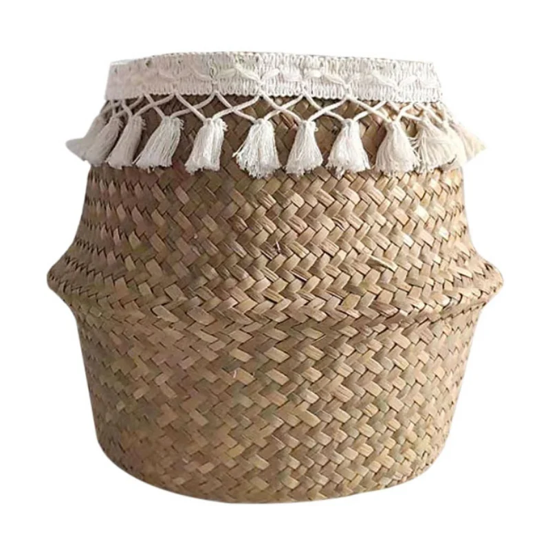 Tassel Macrame Woven Seagrass Belly Basket for Storage Decoration Picnic Plant Basin Cover Groceries and Toy Storage