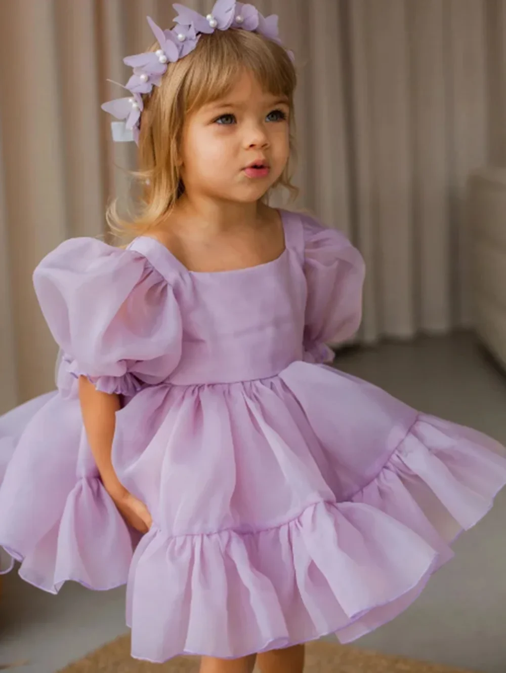 

Customized Lavender Flower Girl Dresses For Wedding Short Sleeves With Bow Fluffy Little Girl Birthday Party Formal Events Gown