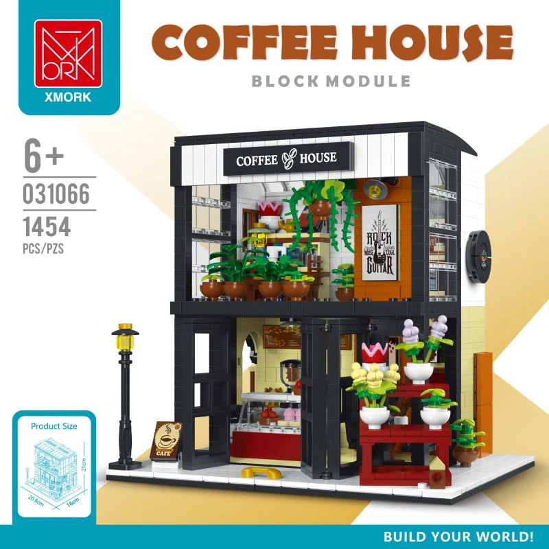 Xmork 031066 Koffiehuis Model Modulaire Street View Serie Met Verlichting Diy Speelgoed Bouwstenen Jongen Cadeau 1454Pcs