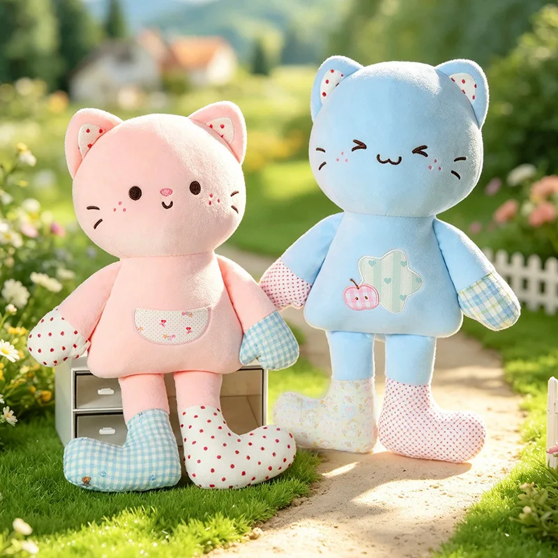 Patchwork Cat Plush Doll Pink Blue Yellow Styles 45cm Soft Stuffed Animal with Gingham Limbs for Bedroom Holiday Gift