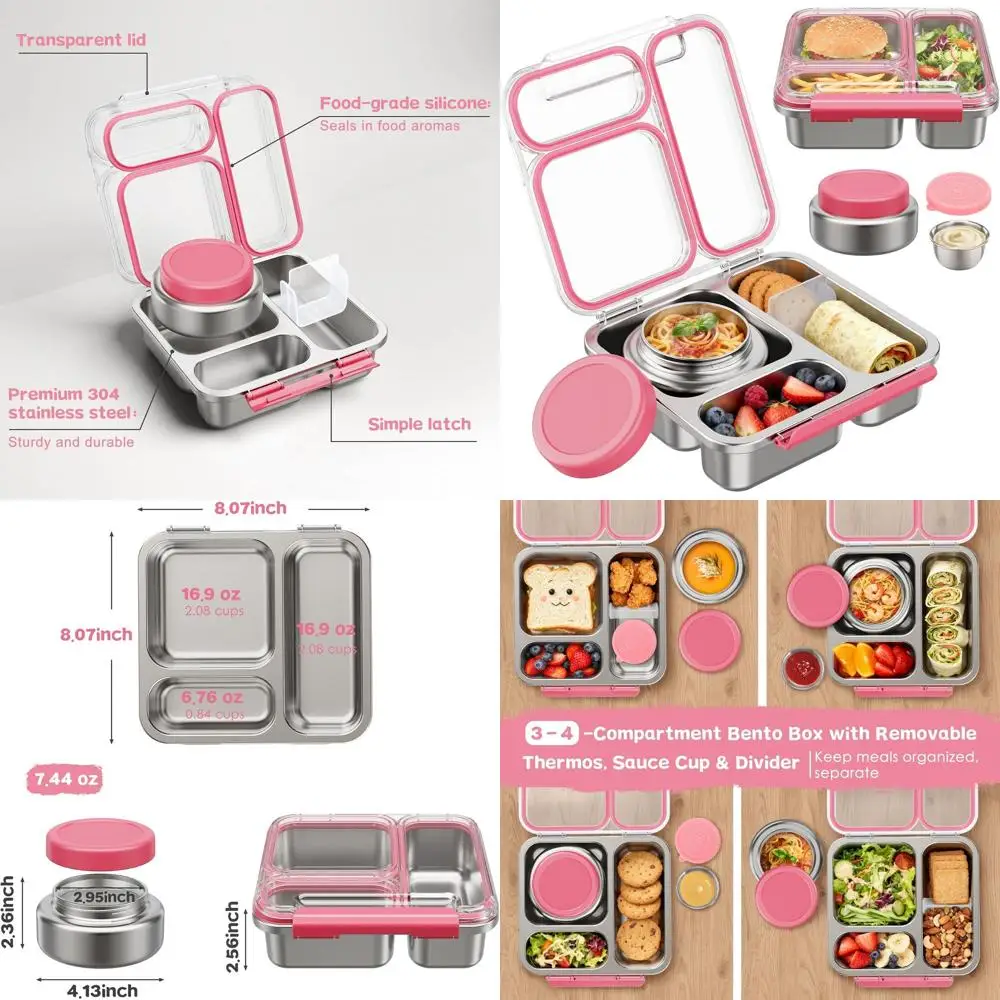 Lonchera Térmica de Acero Inoxidable con Recipiente para Alimentos de 7 oz, Tapa Transparente, Divisor Extraíble y Taza para Salsas para Niños y Adultos - P