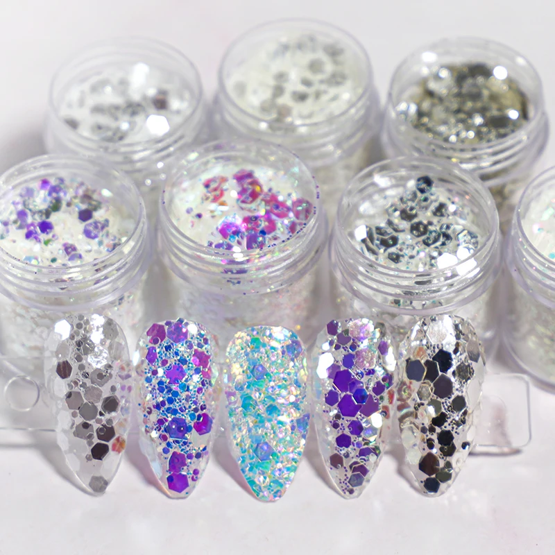 Holographische AB Aurora Nail art Pailletten Meerjungfrau Gemischt Größe Hexagon Chunky Chrome Glitter Zubehör Polnischen Maniküre Dekorationen – Detail 1