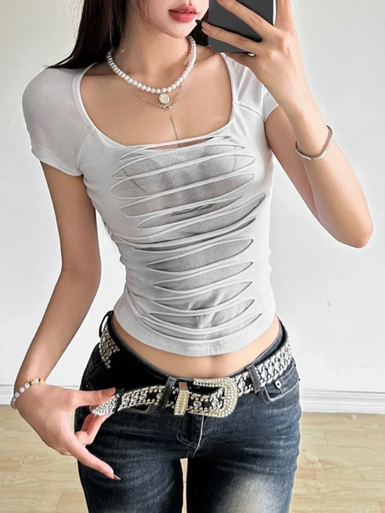 

Print T Shirts For Women Grunge Clothes Square Collar Crop Top Slim Camisetas Hollow Out Y2k Accessories Short Sleeve Ropa Mujer