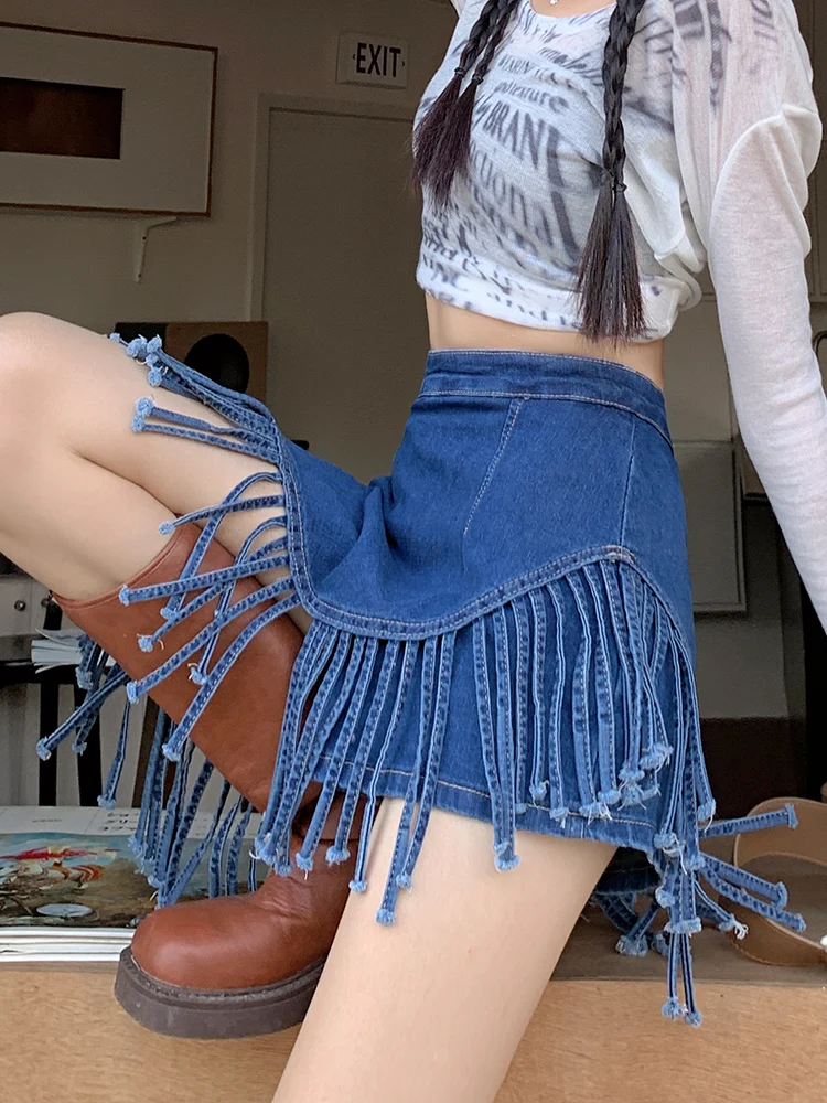 

2024 New Summer Blue Tide Half-body Skirt Women High Waist Tassel Hem a Word Package Hip Denim Shorts Skirt