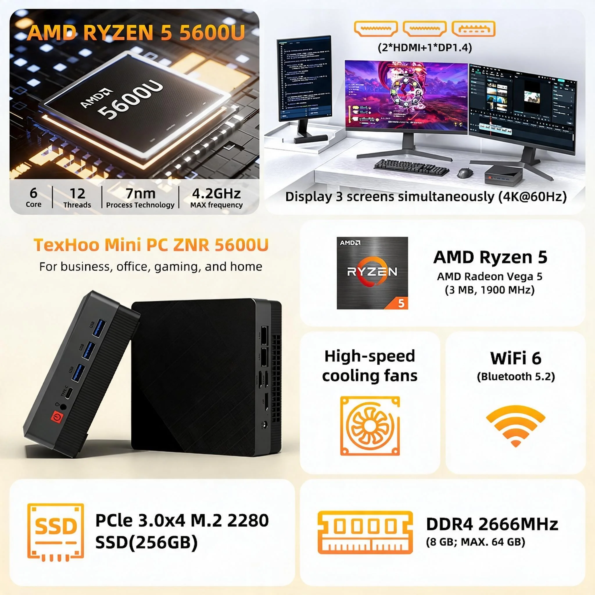 Texhoo MINI PC AMD Ryzen5 5600U 5500U 4.2GHz DDR4 16G RAM 512G SSD Pcle3.0 WIFI6 BT5.2 Desktop Computer Office PC Windows 11