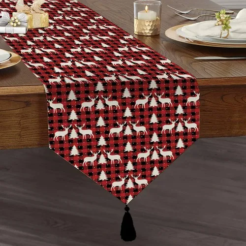 Real Homes Red Plaid Pattern Deer Pattern Digital Printed Custom Design Tassels Chenille Triangle Runner