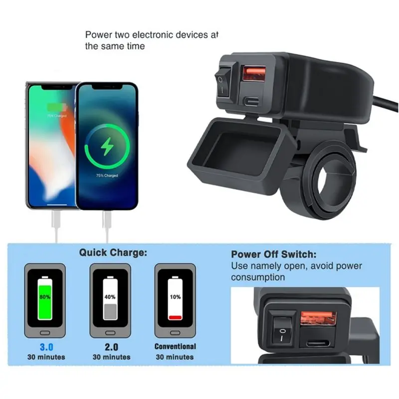 Superior-Universal Motorcycle USB+Type-C QC3.0 Handlebar Fast Charging Waterproof Socket Adapter