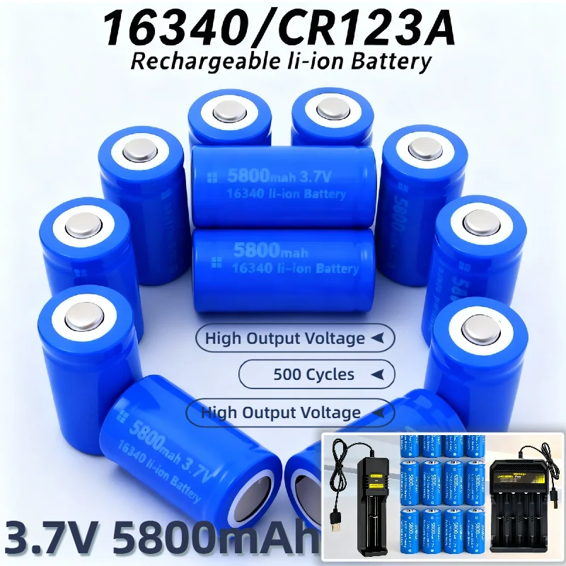 

16340 CR123A Rechargeable Battery 3.7V 5800mAh Li-ion with Charger for LED Flashlights,Travel,Emergency Kits Low Self-Discharge