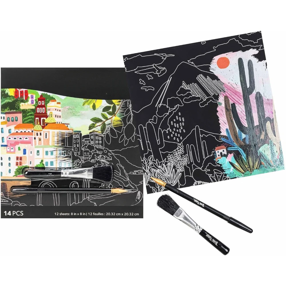 Draft Art Paper Pad - Happy Scenery - 6 designs, metal-guided art, double-pointed stylus and brush