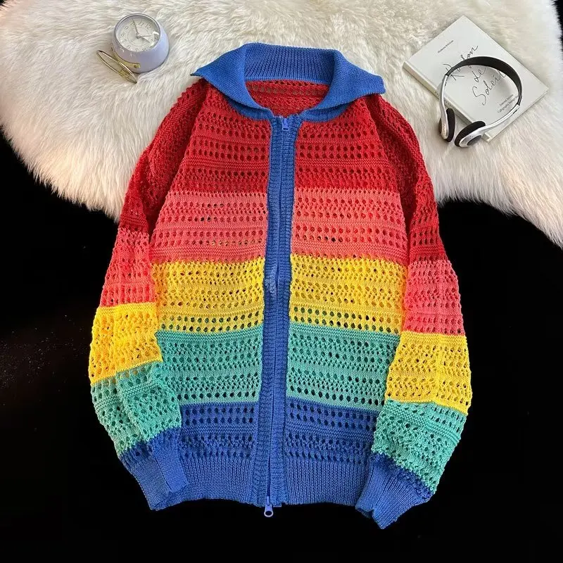 

American Retro Large Size 250 Pou Rainbow Striped Hollow Zipper Open Cardigan Knitted Sweater Loose Fit Autumn Winter Men'...