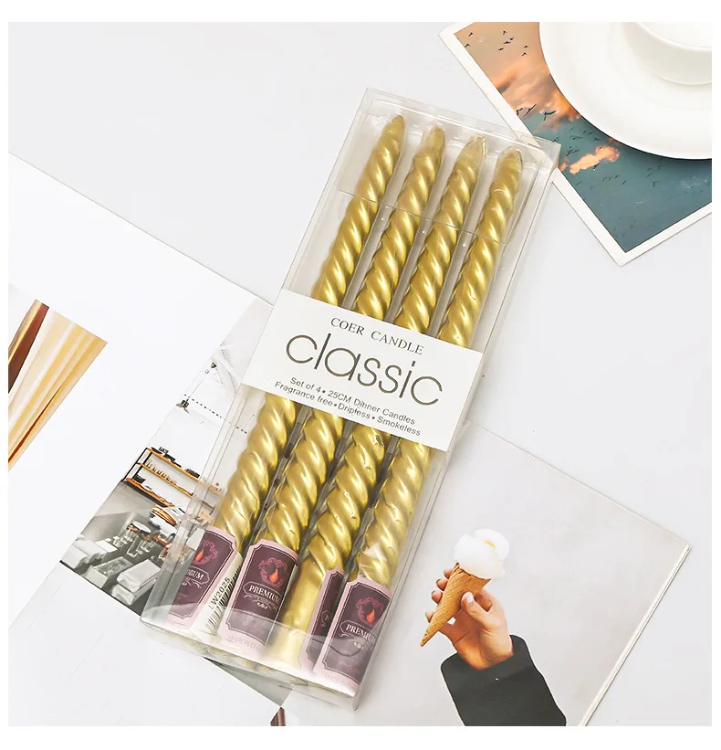 Picture 5: 4pcs Long pole colored threaded candlestick candles, romantic family candles, dinner decorations, weddings, birthdays, candles
