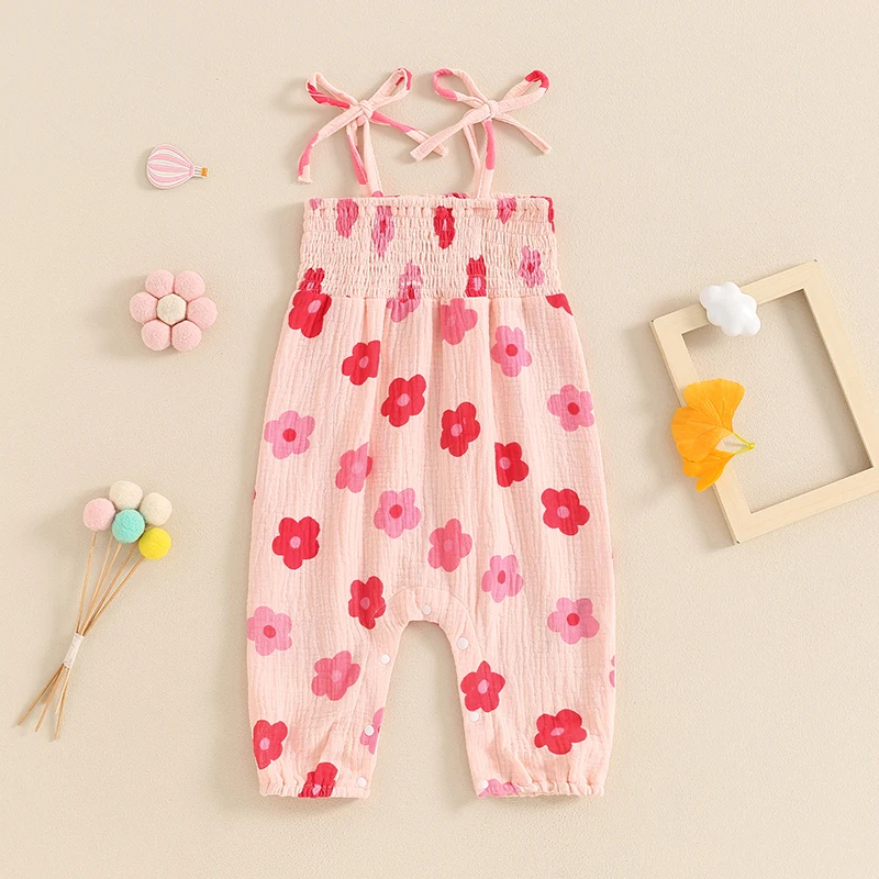 Baby Girl Romper Flower Print Shirred Square Neck Tie-Up Spaghetti Straps Jumpsuit Toddler Summer Overalls