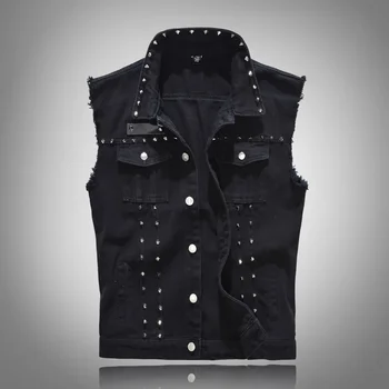2026 Spring Fashion Men Rivet Denim Vest Punk Party Studded Slim Fit Jean Jacket Male Sleeveless Waistcoat for Men Plus Size 6XL