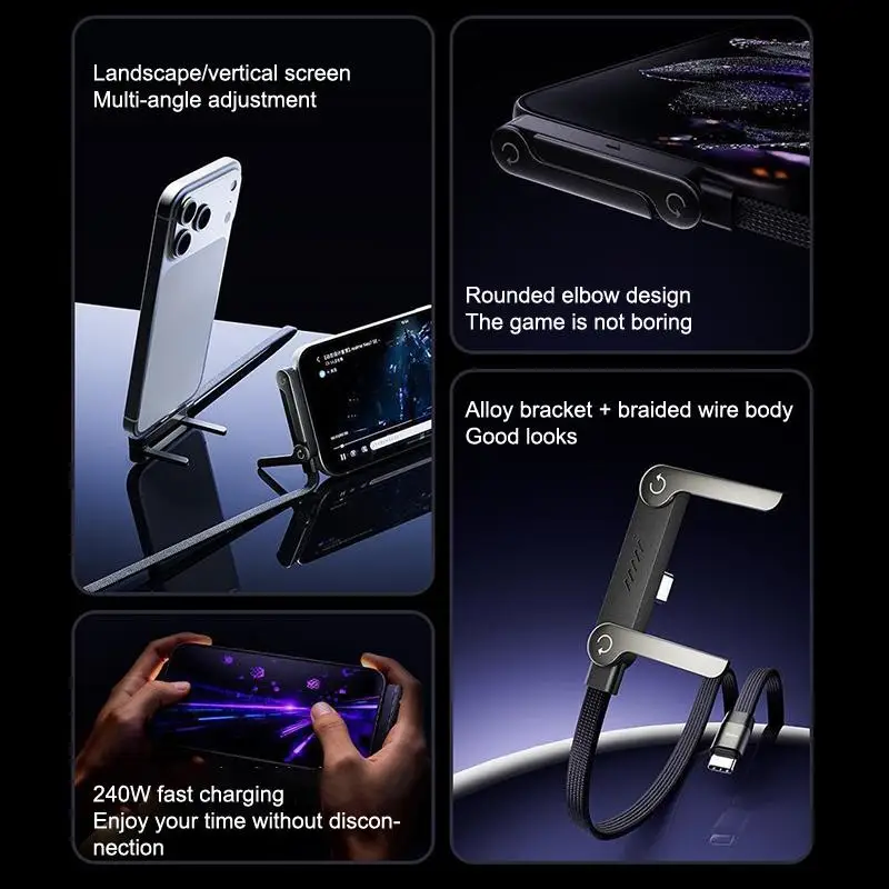 2-IN-1 Type-C Cable Foldable Mobile Phone Holder 240W Fast Charging Data Cable Multifunction Game Phone Bracket Dual PD Cable