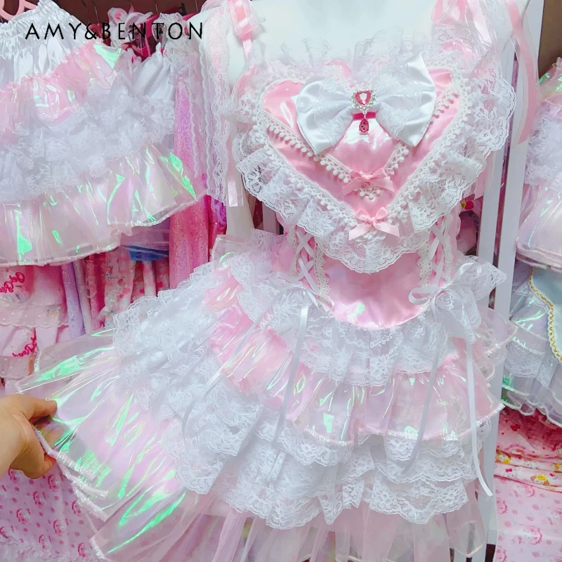 

Pink Lace Splicing Lolita Women's Sling Japanese Original Design 2026 Summer New Sweet Cool Y2k Cute Bow Skirts Suits Ladies