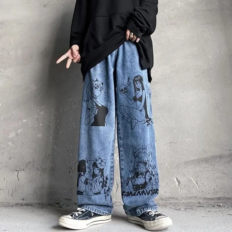 Trendy Street Cute Anime Cartoon Print Jeans Subculture Couple New Loose Casual Pants Japanese Style Harajuku Vintage Blue Jeans