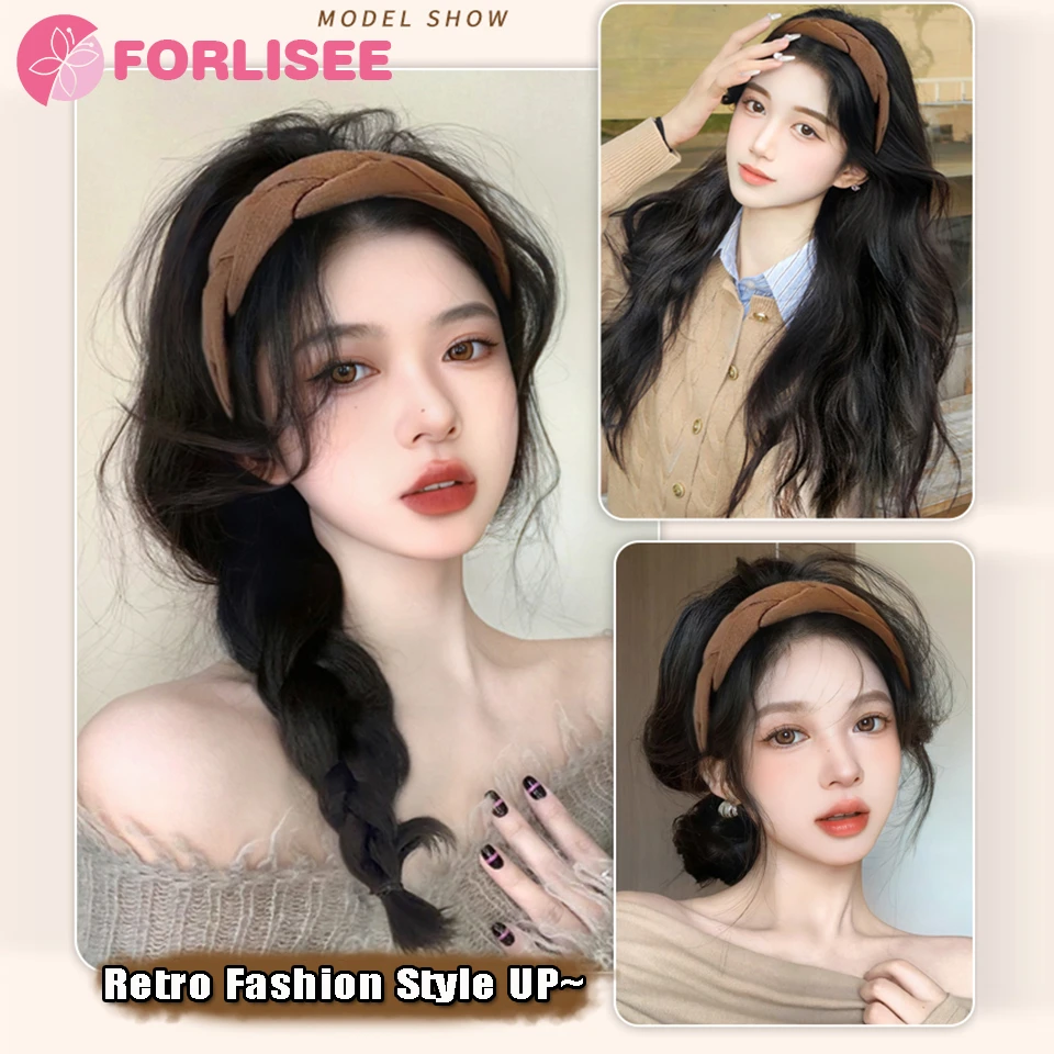 FORLISEE Synthetic Headband Wig Long Natural Curly Hair Daily Party Cosplay Wigs For Women Black Brown Heat Resistant Fiber