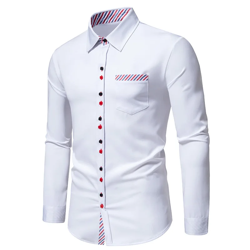 Men's Long Sleeve Dress Shirts For Wedding Dinner Stripe Patchwork Business Workplace Shirts Formal Prom Banquet Chemise Hombre