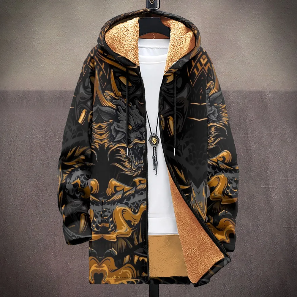 Men Cardigans Coats Tiger Loong Printed Plush Thick Winter Abstract Art Graphics Jackets Casual Streetwear Unisex Clothing