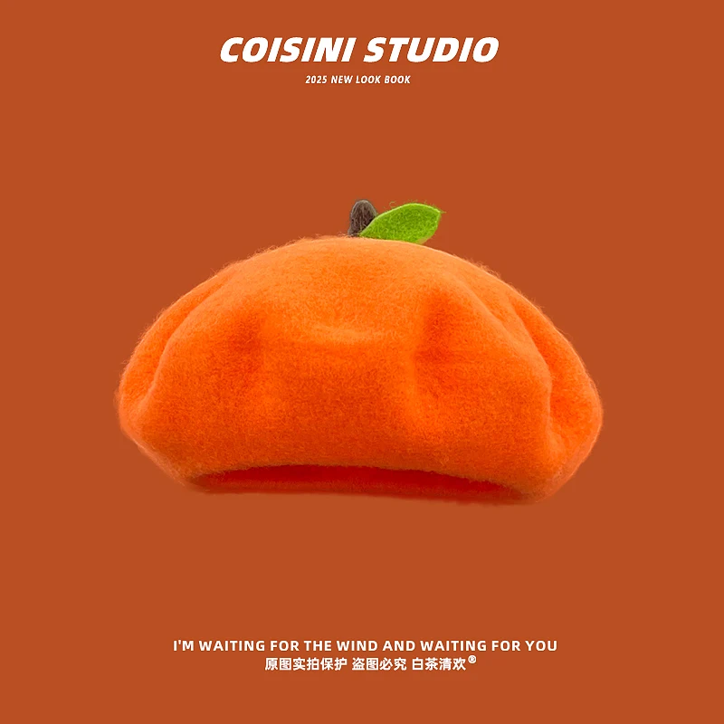 

Новые милые шерстяные береты оранжевой формы для женщин, осенне-зимние теплые универсальные шапки для путешествий с героями мультфильмов Y2K