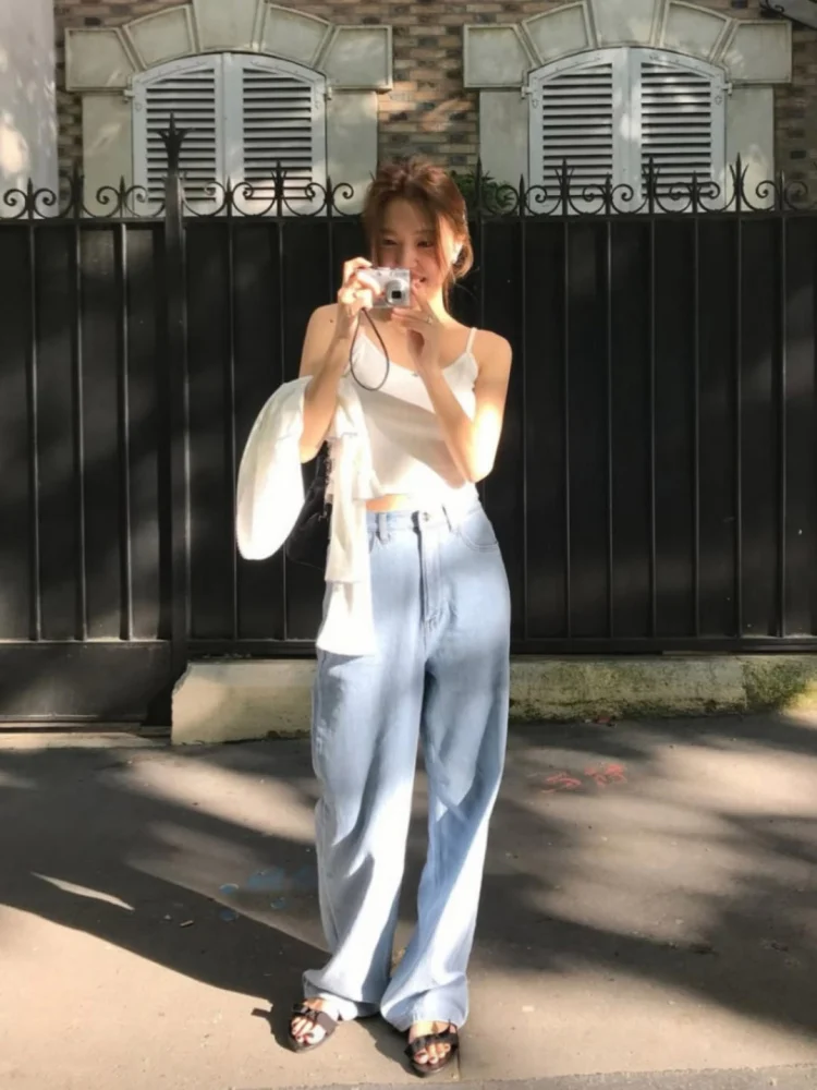 

Лето 2025 г., прямые джинсы с высокой талией, светло-голубые джинсы, корейские повседневные женские джинсы с эффектом талии, высокое качество