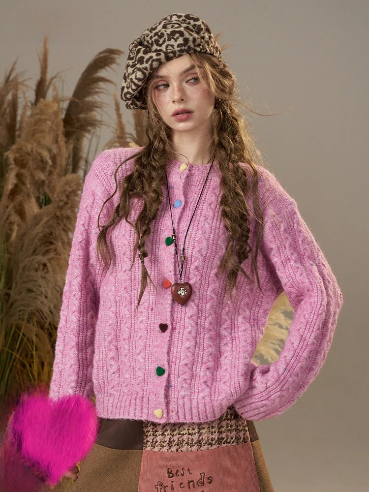 

Elfsa Women's Knitted Sweater Heart Button Cable Knit Winter Outerwear Long Sve round Ne Loose Fit Wool Blend