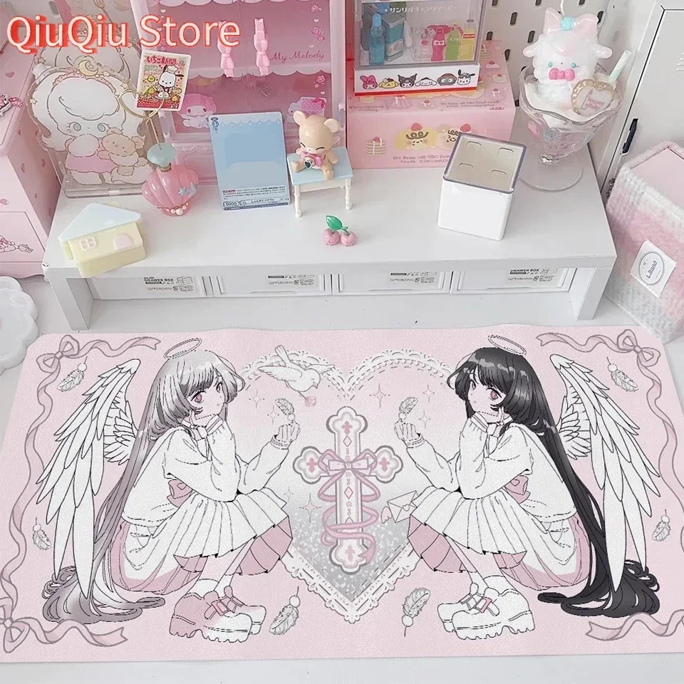 

Angel Girl Pink Gaming Desk Mat Cute Design Non-Slip Rubber Mouse Pad for Dorm/Office Waterproof Writing & Meal Surface 60x30cm