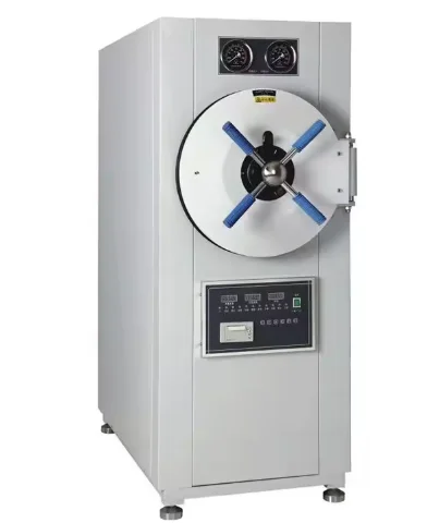 Microcomputer-controlled horizontal cylindrical pressure steam sterilizer with pulse flushing vacuum