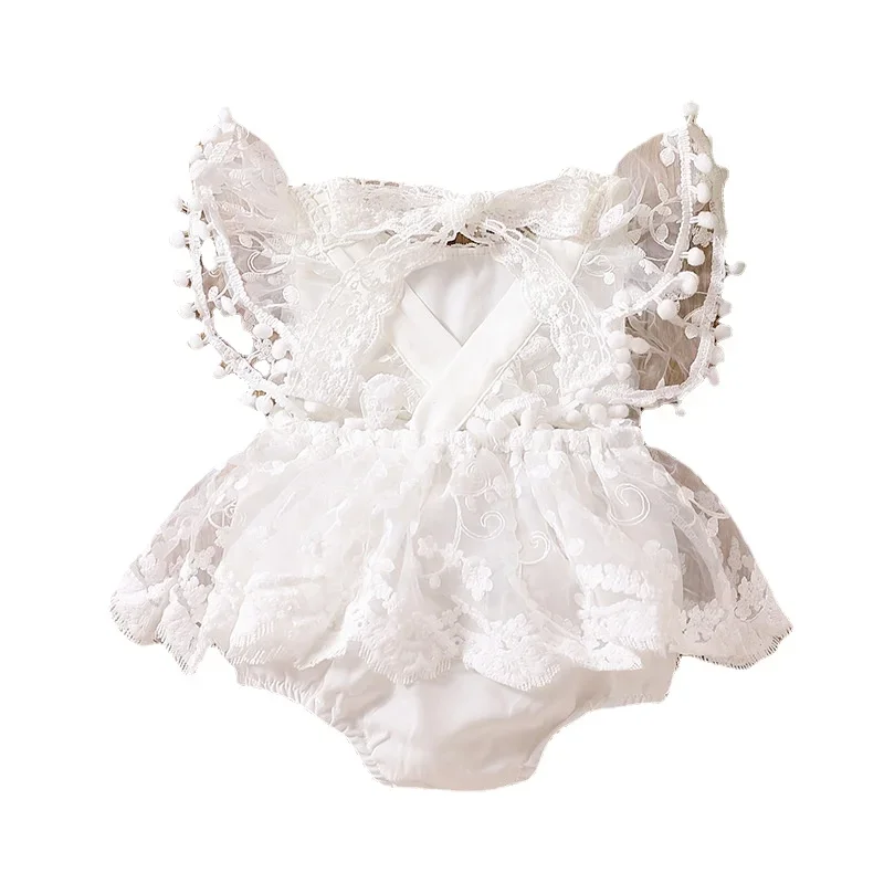 

Baby Girls Princess Romper Plain Floral Lace Embroidery Skirt Layered Adjustable Straps Snap Triangle-Bottom Jumpsuit