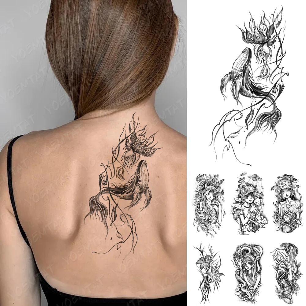 Waterproof Temporary Tattoo Sticker Whale Dolphin Lotus Flower Fish Totem Festival Body Art Arm Fake Tattoos Sleeve Women Men