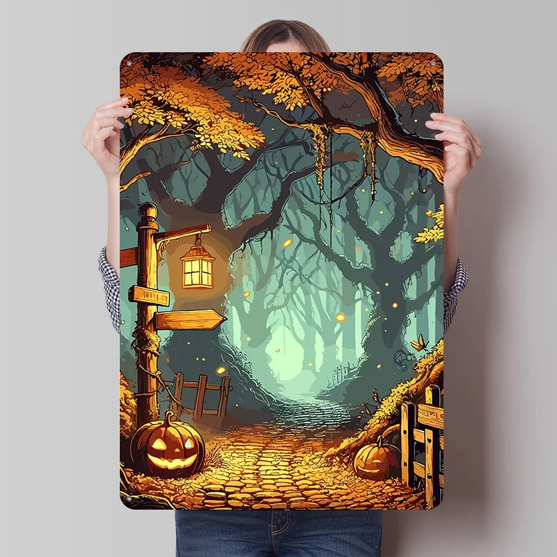 Spooky Halloween Forest Tinplate Posters Customizable Wall Art Retro Vintage Metal Signs for Home Room Bathroom Decor Wand Deko