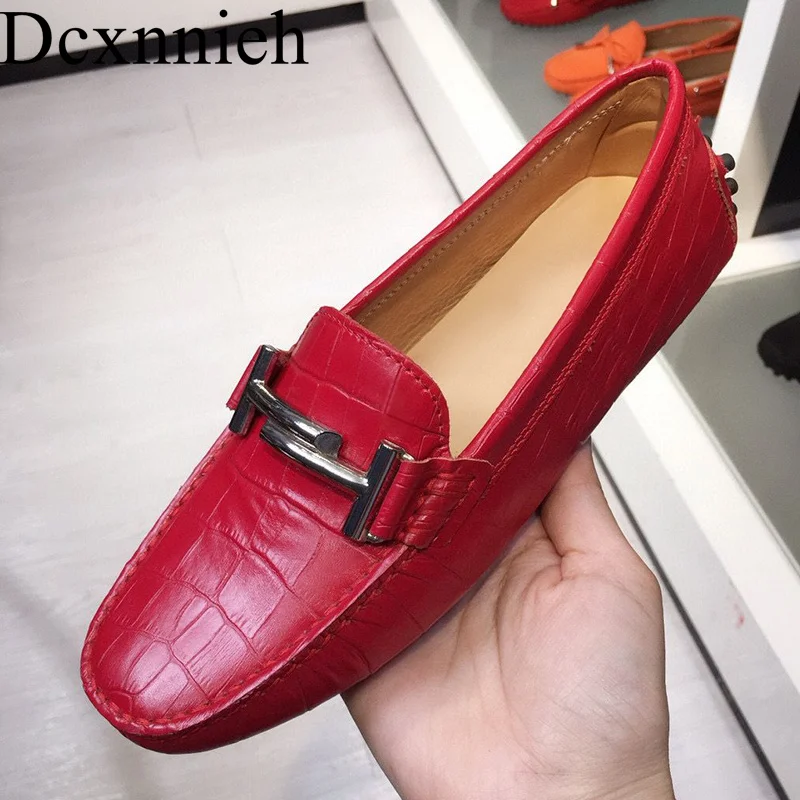 Flat Bottom Lazy Loafers Women Round Toe Metal Decor Deep Mouth Real Leather Single Shoes Ladies Spring Office Commuting Shoes