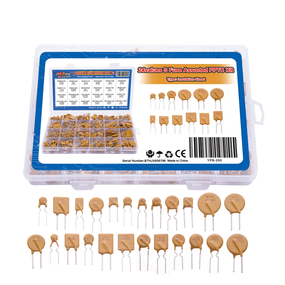 610PCS-24Values 0.05A 0.1A 0.2A 0.25A 0.3A 0.4A Self-Recovery Fuse Assorted PPTC KIT  0.5A 0.75A 0.9A 1.1A 1.35A 2A 2.5A 3.75A