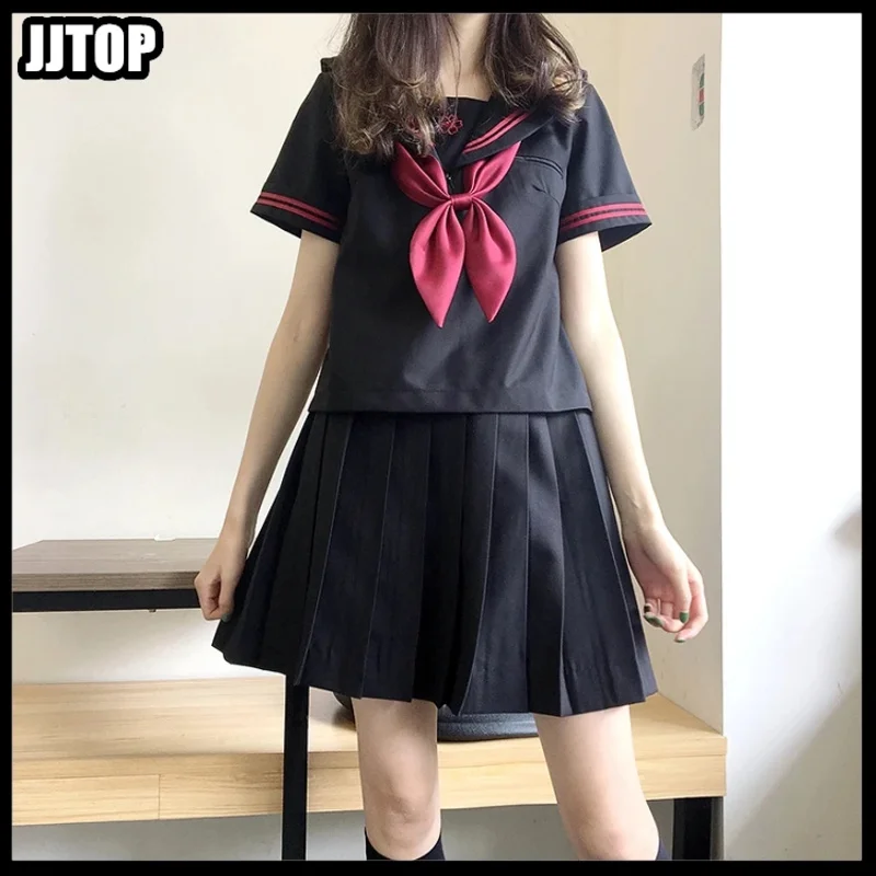 

ss23Высокое качество, красная сакура, японская униформа с вышивкой, черные милые матросские топы, плиссированная юбка, полный комплект, костюм JK для косплея