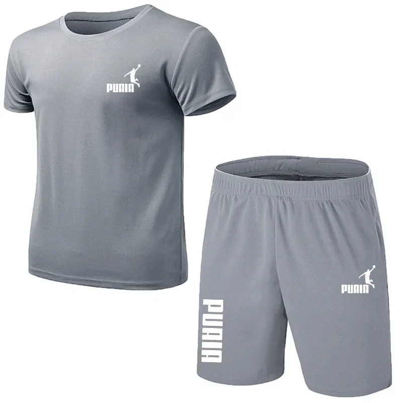 Summer new men\'s casual comfort breathable quick drying mesh T-shirt top + shorts 2 sets jogging fitness training sportwear set