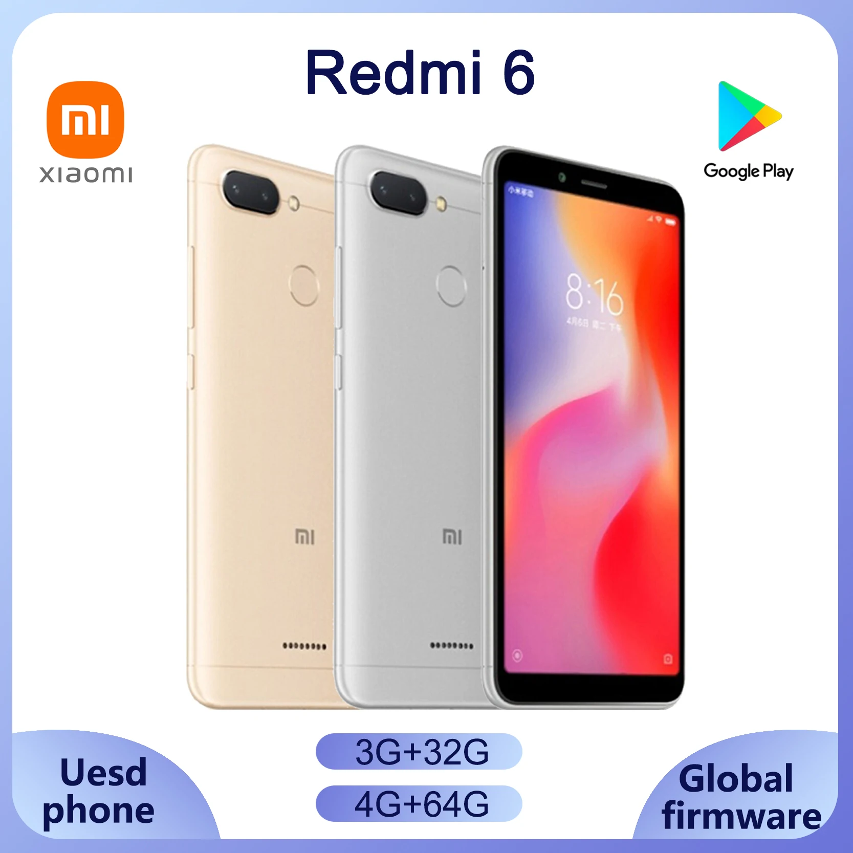 Used Xiaomi Redmi 6 Smartphone googleplay Mobile Phone 5.45