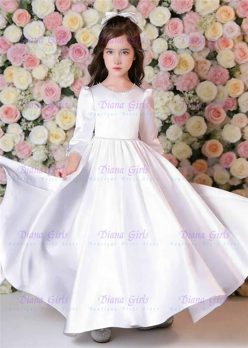Hochwertiges, wunderschönes weißes Blumenmädchenkleid aus Satin, flauschig mit Schleife, für Hochzeit, Geburtstag, Erstkommunion, Abendballkleider