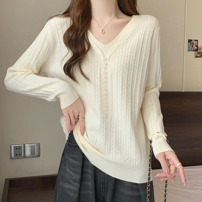 Fake Two Pieces V-Neck Sweaters Female Clothing Stylish Button Loose Autumn Winter Basic Solid Color Long Sleeve Knitted Jumpers