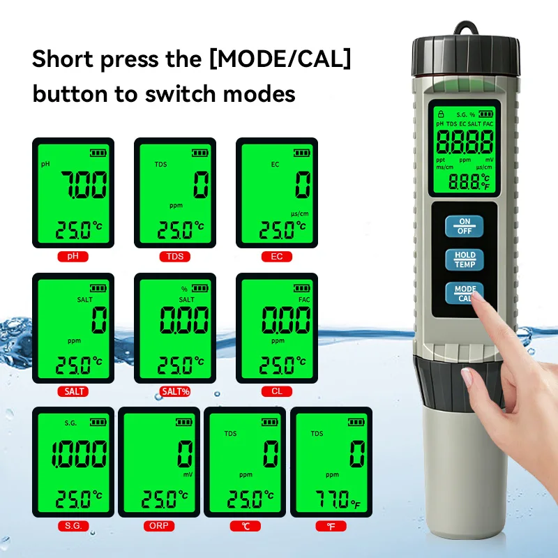 8 In 1 Digital Water Quality Detector PH TDS Residual Chlorine Salinity ORP Temperature Tester For Pond Aquarium Use