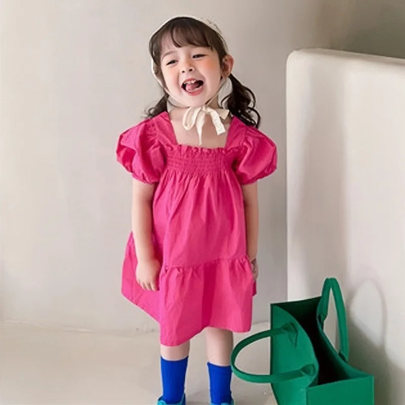 Summer Girls Casual Dresses Baby Girls Square Neck Pleated Dress  Puff Sleeve Ruffled A Line Princess Dresses Kids Clothing