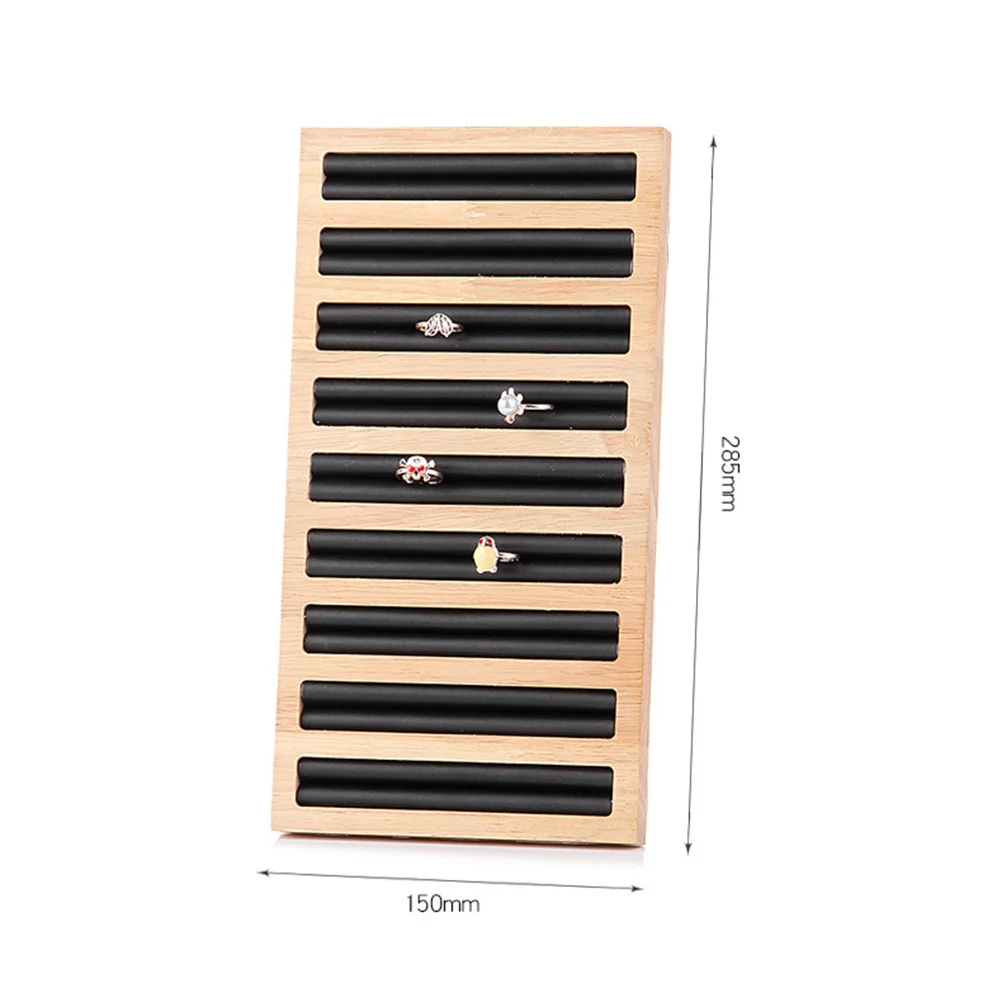 Bamboo Wood Ring Showcase Display Black Rectangular Plate Jewelry Holder Fit Different Ring Sizes Stylish Modern Design
