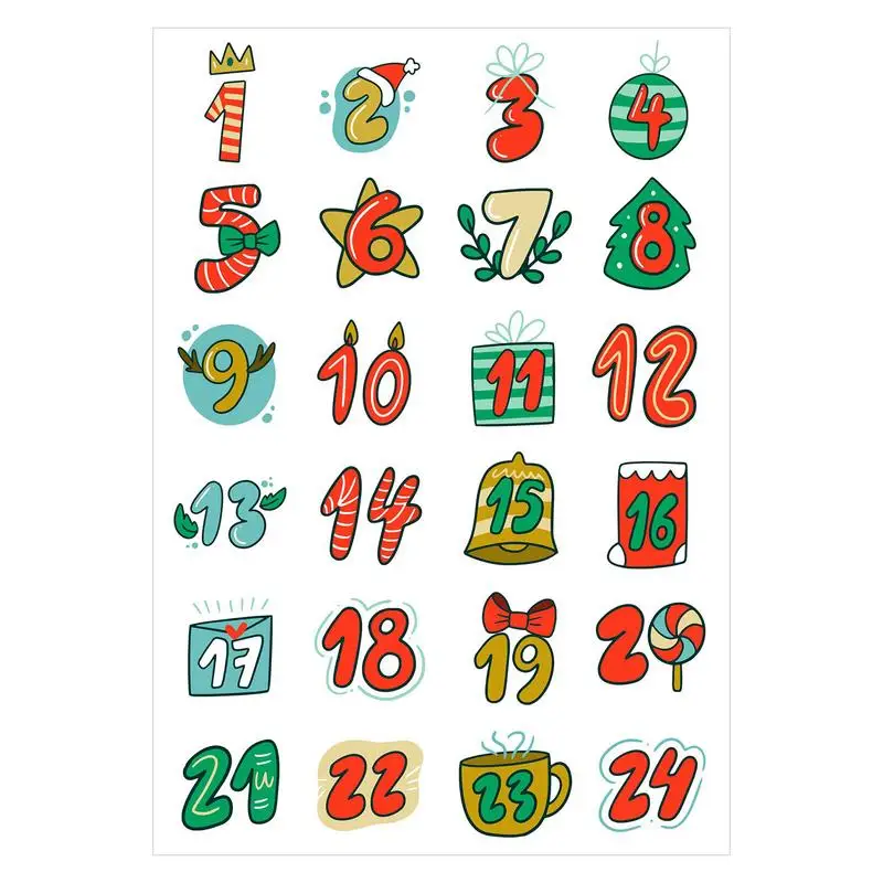 Christmas Advent Calendar Number Sticker 1-24 Numbers Christmas Food Packaging Bag Decals Countdown Greeting Card Sealing Label