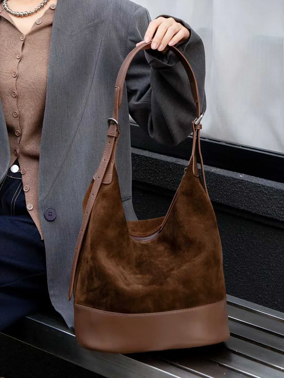 

Американская замшевая сумка через плечо из воловьей кожи в стиле ретро с большой вместительной формой ведра, простая и универсальная женская сумка, модная