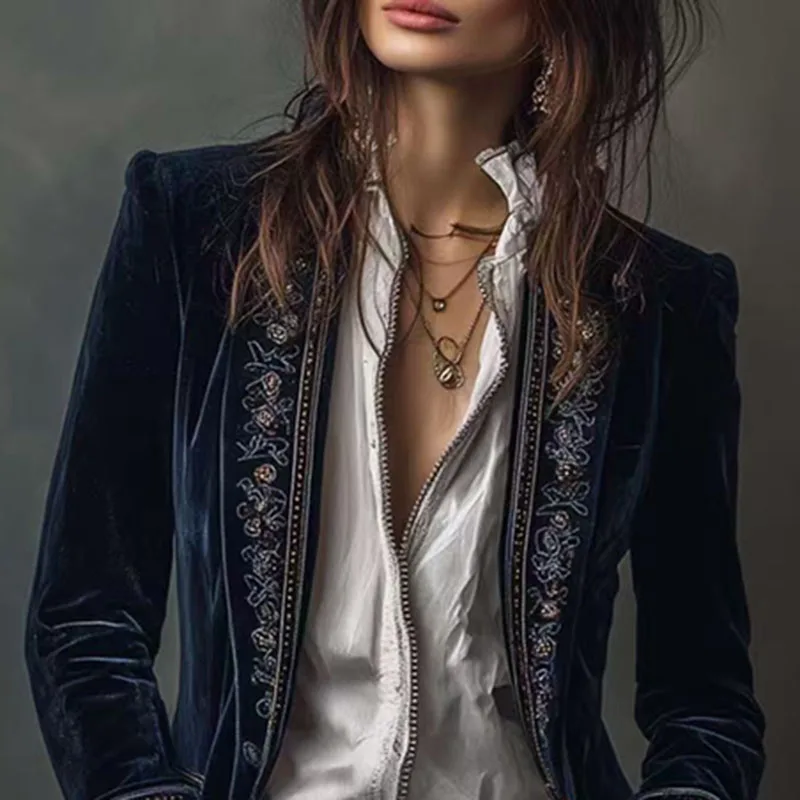 

Vintage Ethnic Floral Print Velvet Women's Coat Fall Chic Stand Collar Slim Jacket Cardigan Winter Long Sleeve Female Outerwears