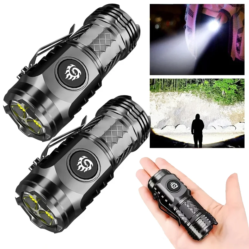 High Power LED Flashlight 3 Led Mini Flashlights USB Rechargeable Clip-on Torch Light Outdoor Emergency Work Lights for Hiking