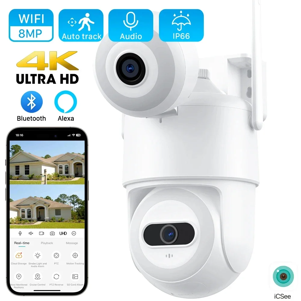 4K 8MP Outdoor Dual Lens PTZ WiFi IP Camera Dual Screen 4MP HD Auto Tracking Security Protection CCTV Surveillance Camera iCSee