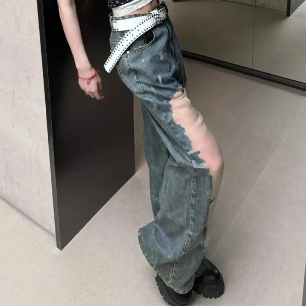 กางเกงยีนส์เอวสูงทรงหลวมขาตรงผ้าตาข่ายลำลอง ดีไซน์ไม่สมมาตร สไตล์แบ็กกี้ ใส่ได้ทุกวัน