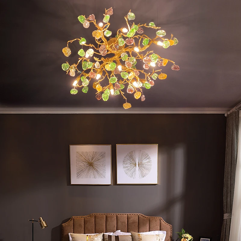 Colorful glass all copper ceiling lamp American living room branch lamp bedroom dining room light luxury creative villa Designer