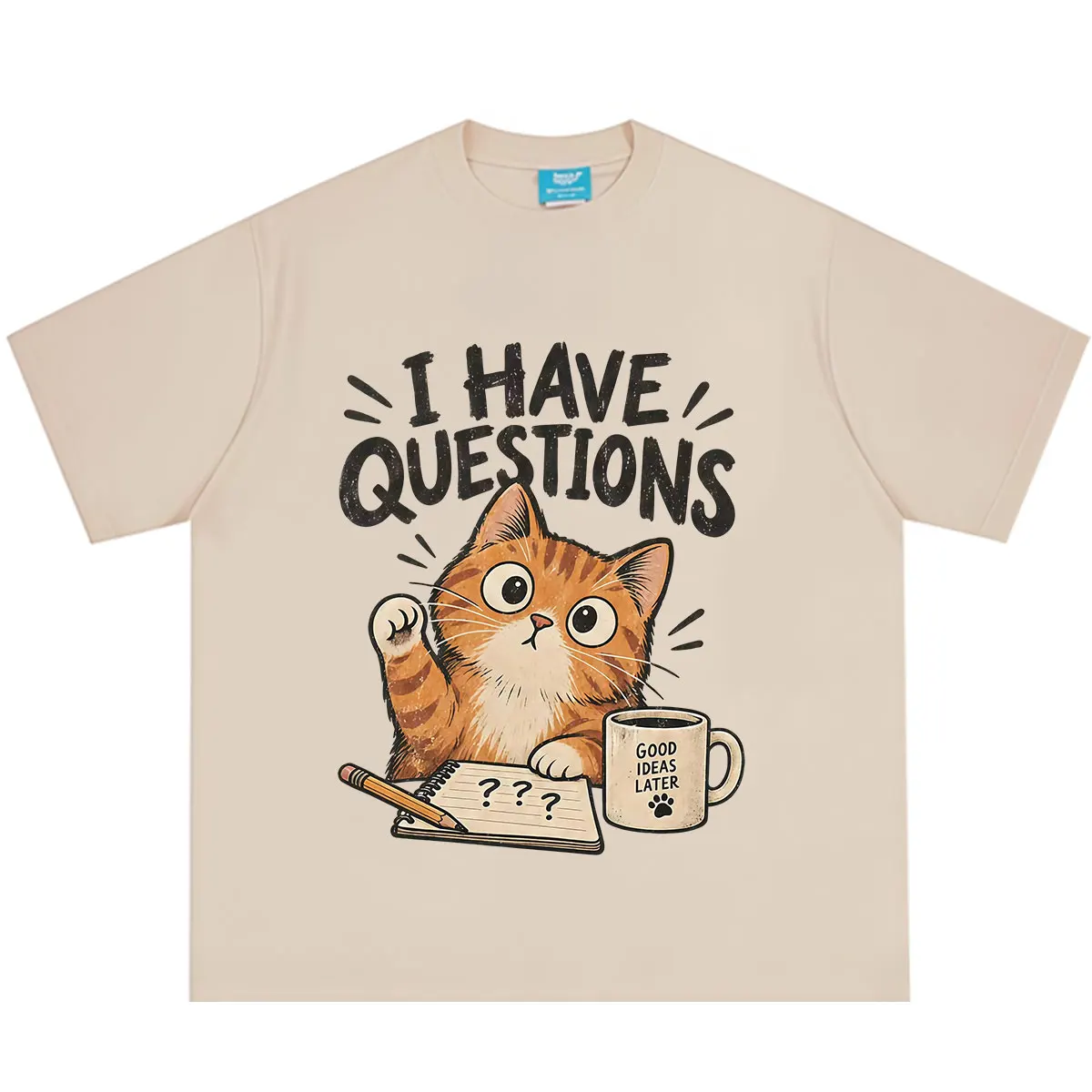 I Have Questions Funny Cat Office Work Meme T-shirt Men Women Fashion T-shirt Short-sleeved Loose Cotton Casual T-shirts Tops