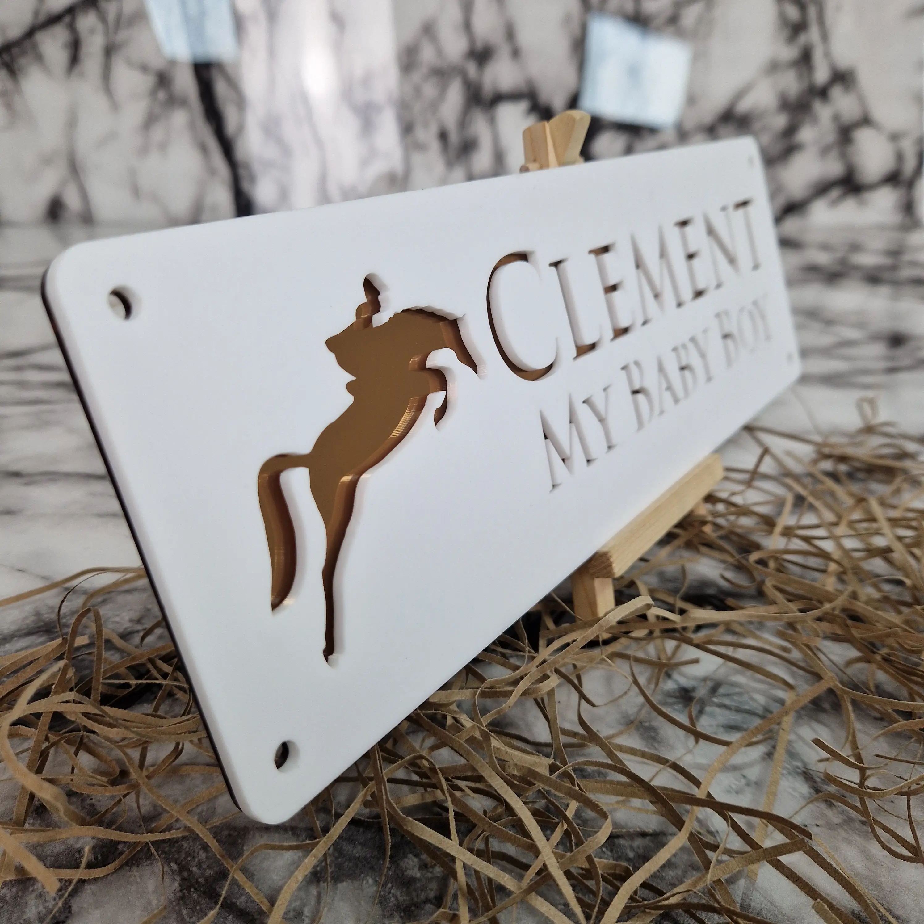 Custom Laser Engraved Stable Door Plaque, White and Gold Nameplate for House and Pet Names Modern art production